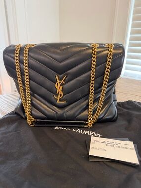 Saint Laurent Black Quilted Chevron Leather Shoulder Bag with Gold Chain
